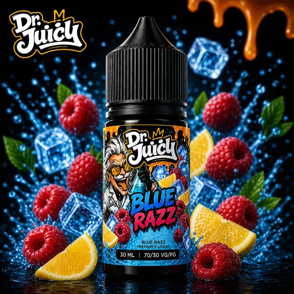 DR. Juicy Blue Razz Free Base E-Likit 30ml - Buzlu mavi ahududu limon aromalı premium elektronik sigara likiti