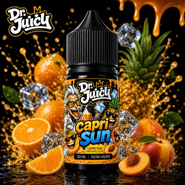 DR. Juicy Capri Sun Free Base E-Likit 30ml - Portakal ananas şeftali aromalı premium elektronik sigara likiti