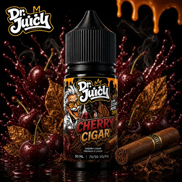 DR. Juicy Cherry Cigar Free Base E-Likit 30ml - Kirazlı puro tütünü aromalı premium elektronik sigara likiti
